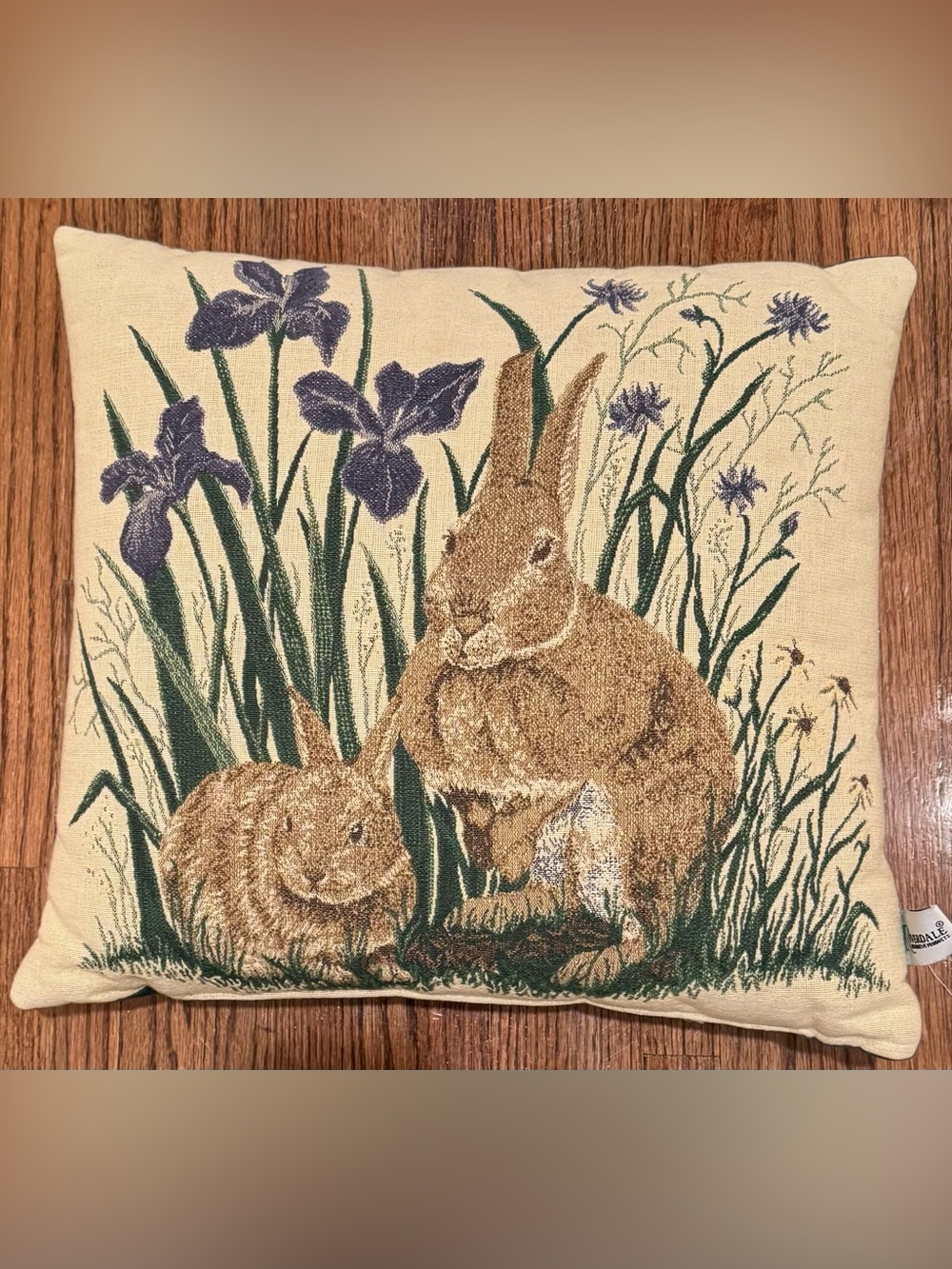 Garden Bunnies and Purple Iris 15” Tapestry Pillow by Riverdale